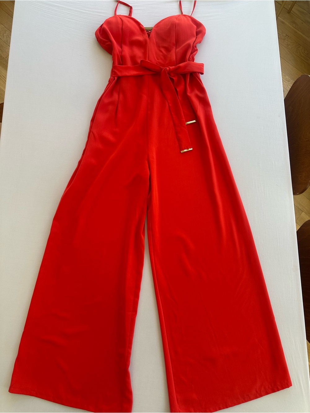 Jealous Tomato Red Scupted Top Wide-Leg Belted Jumpsuit w/ Spaghetti Straps, Med